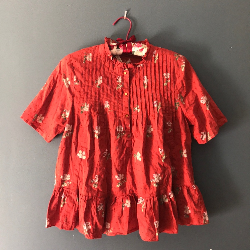 Ulla Johnson red Swiss-dot cotton floral blouse